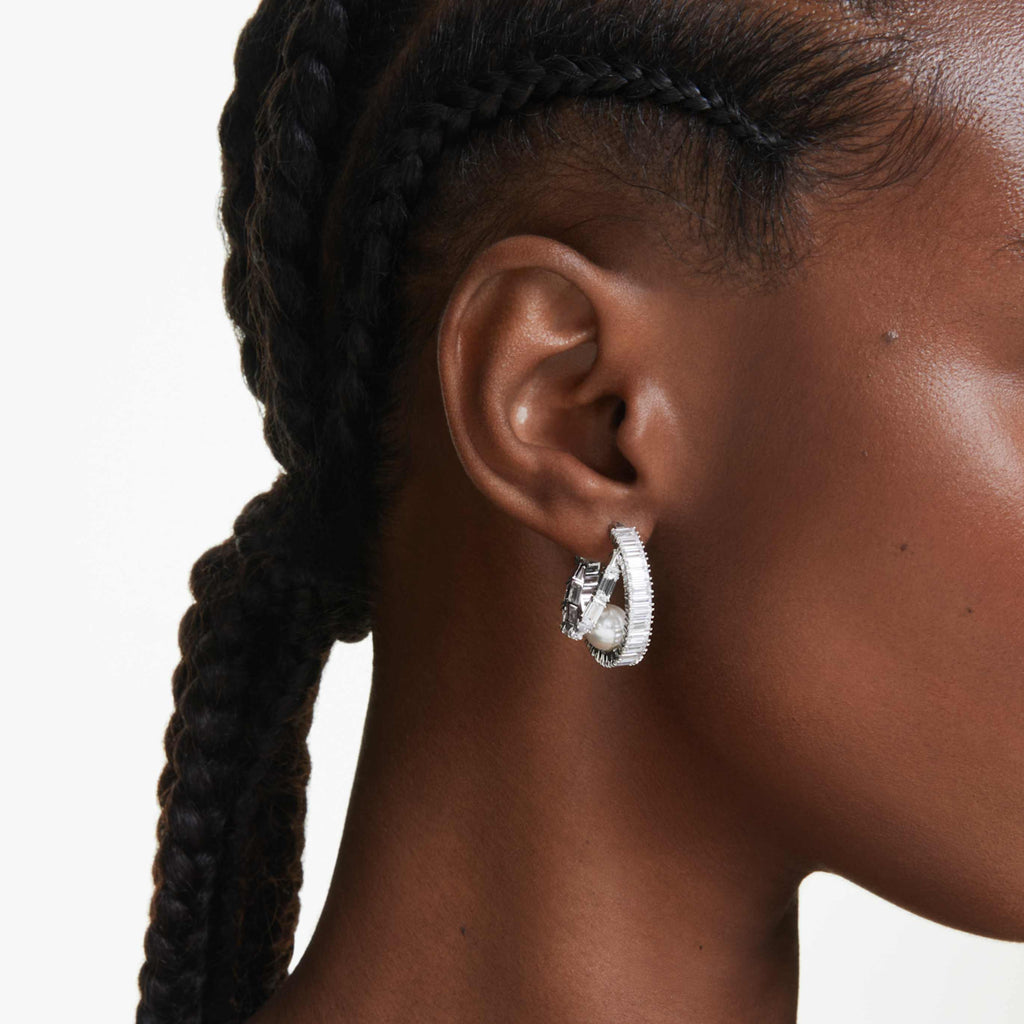 Ariana Grande x Swarovski hoop earrings Crystal pearl, Baguette cut, White, Rhodium plated