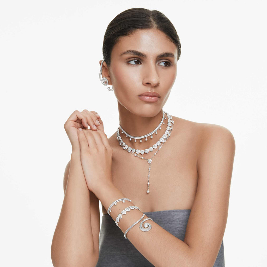 Ariana Grande x Swarovski Y necklace Mixed cuts, Crystal pearl, Heart, White, Rhodium plated