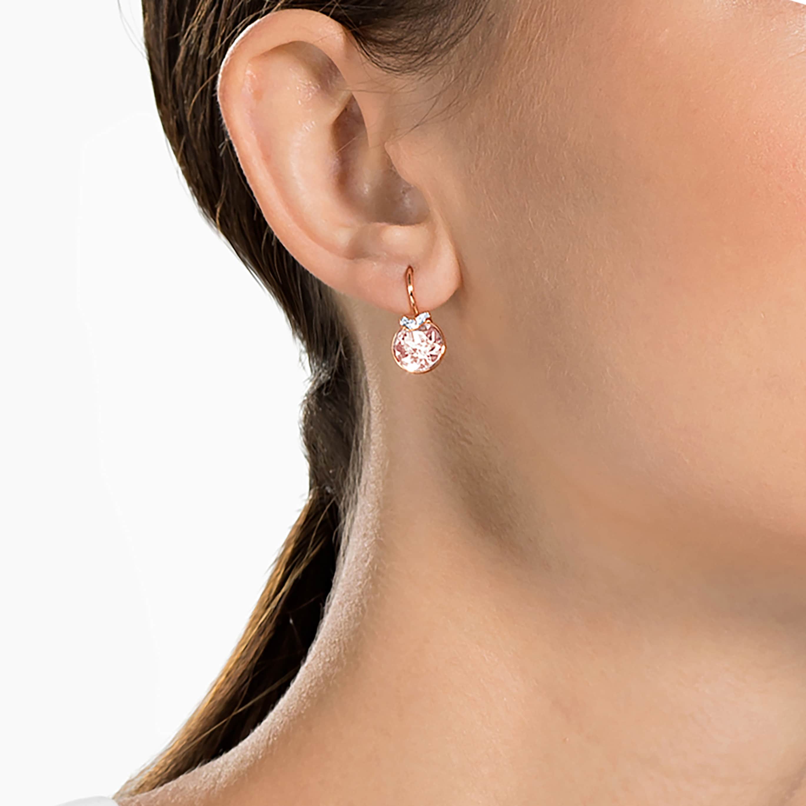 Swarovski Bella V drop earrings Round cut, Pink, Rhodium plated