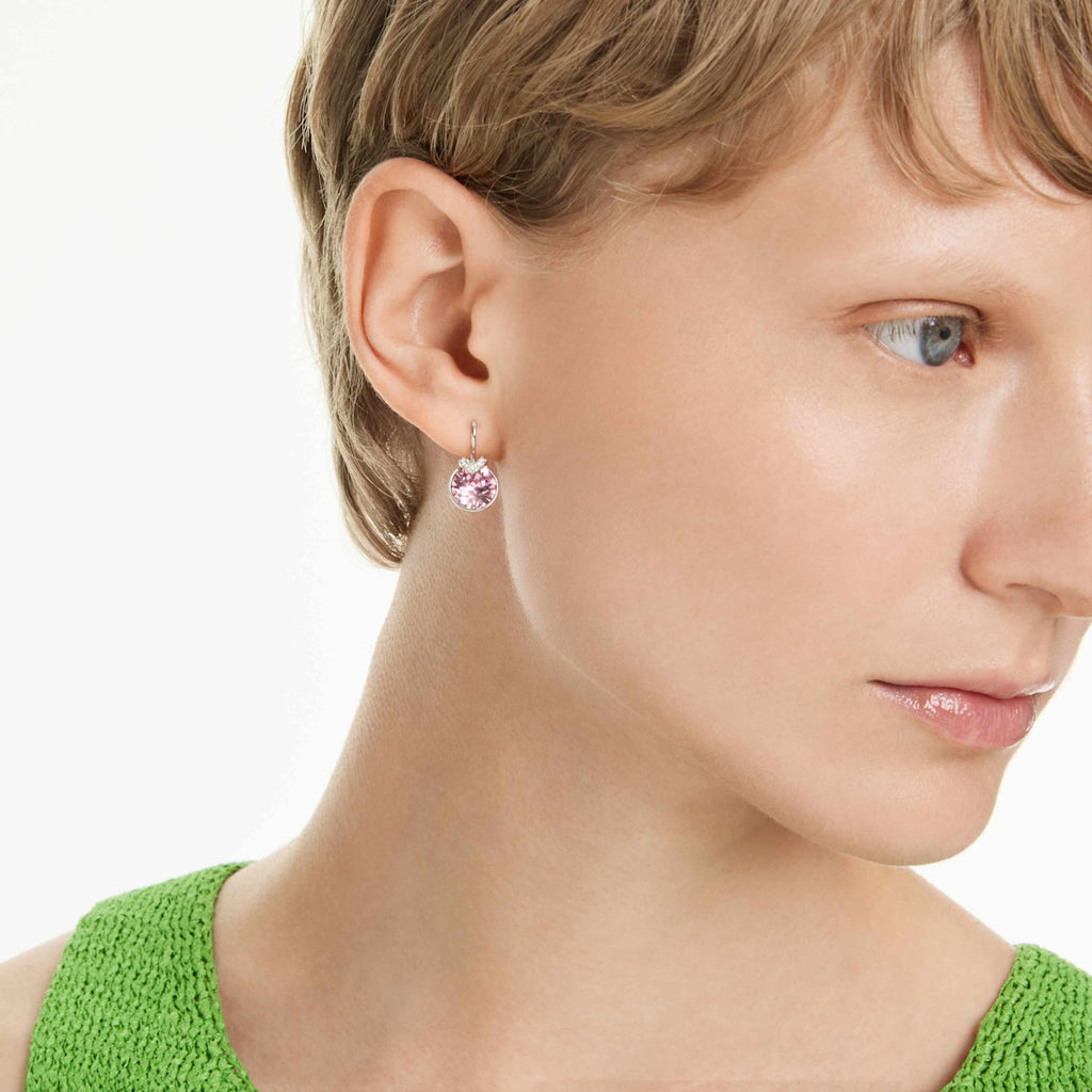 Swarovski Bella V drop earrings Round cut, Pink, Rhodium plated