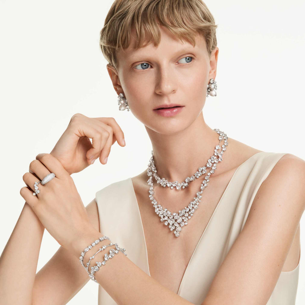 Swarovski Constella bracelet Crystal pearl, Round cuts, White, Rhodium plated