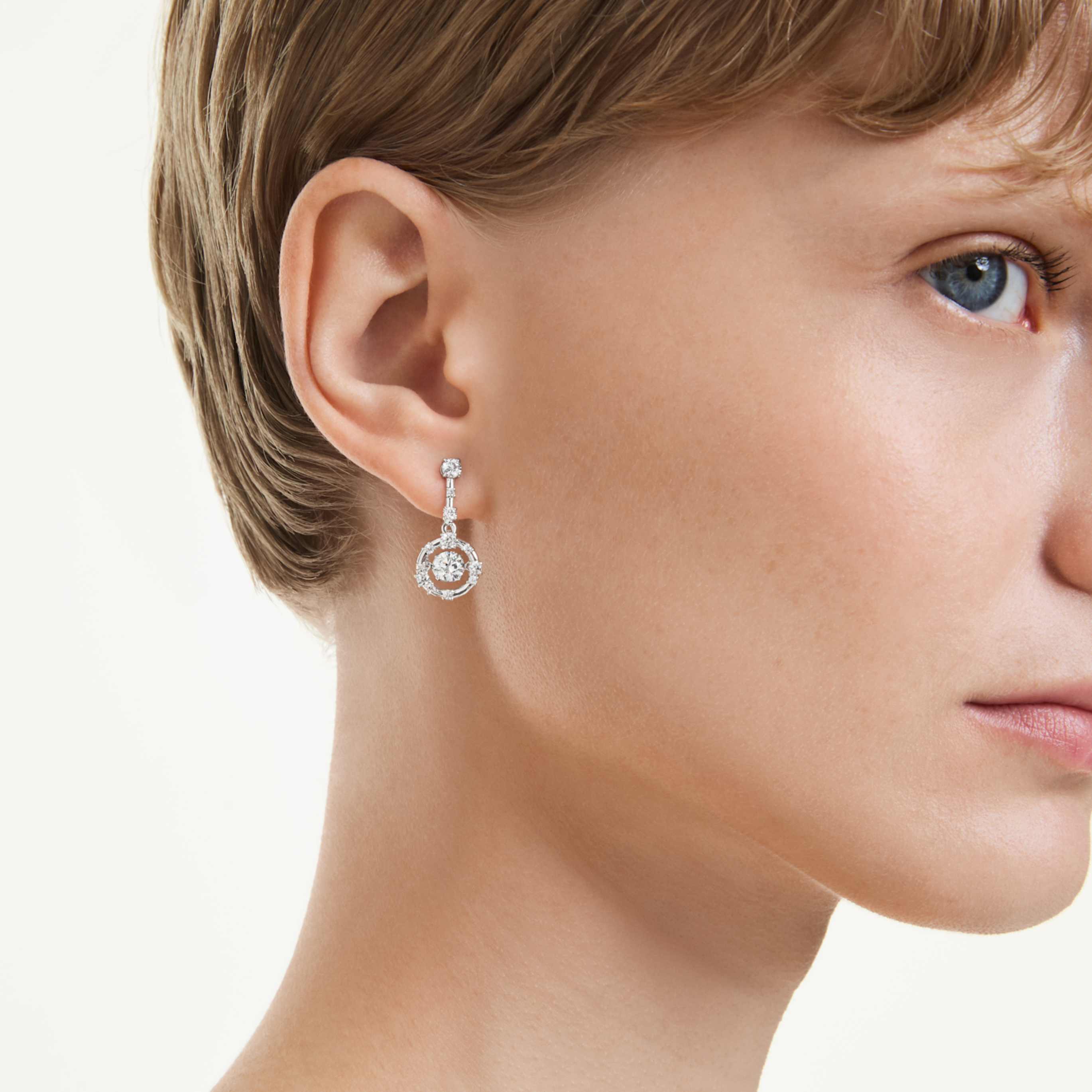 Swarovski Constella drop earrings Round cut, Dancing stone, Pink, 18K rose gold finish