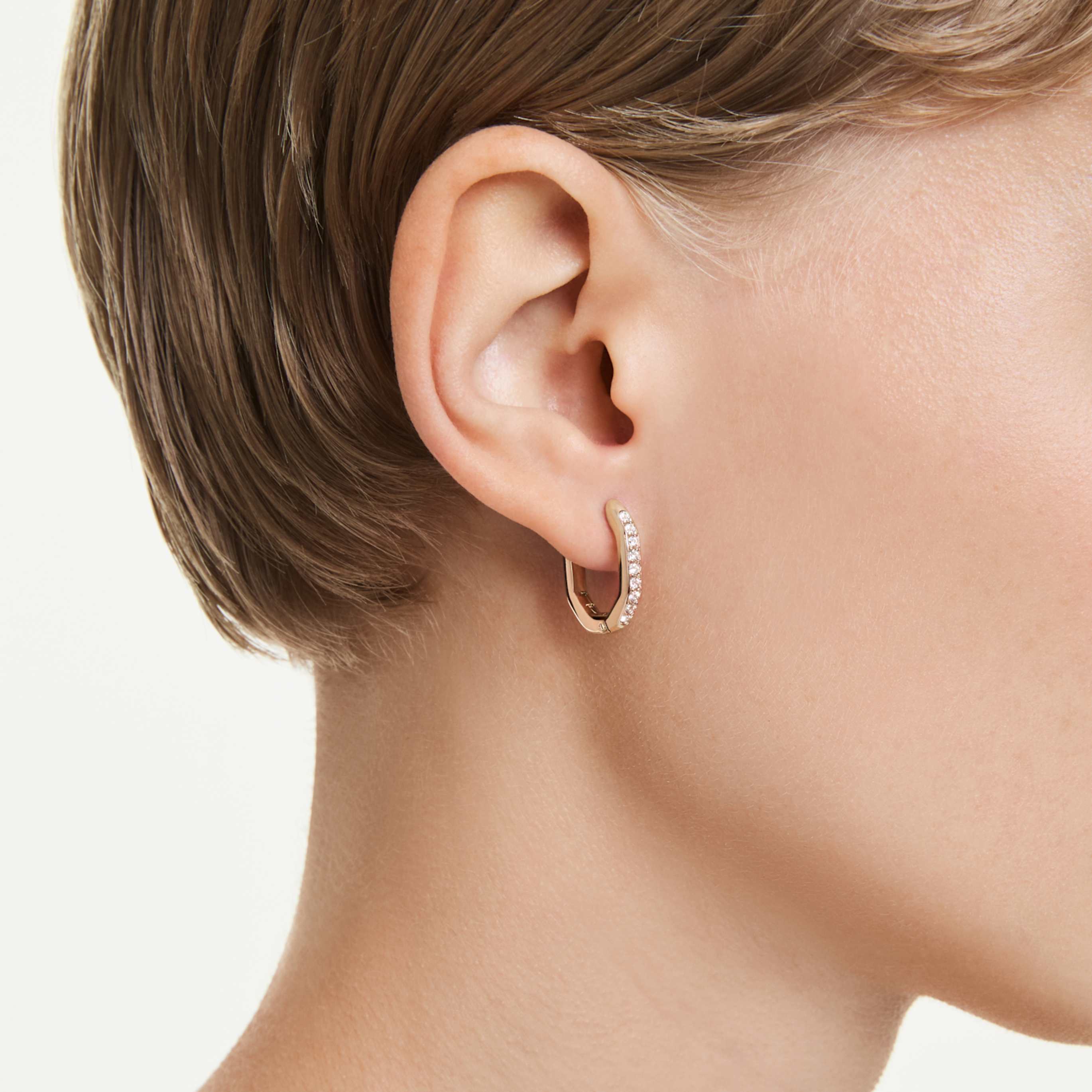 Swarovski Dextera hoop earrings Octagon shape, Round cut, Medium, White, 18K gold finish
