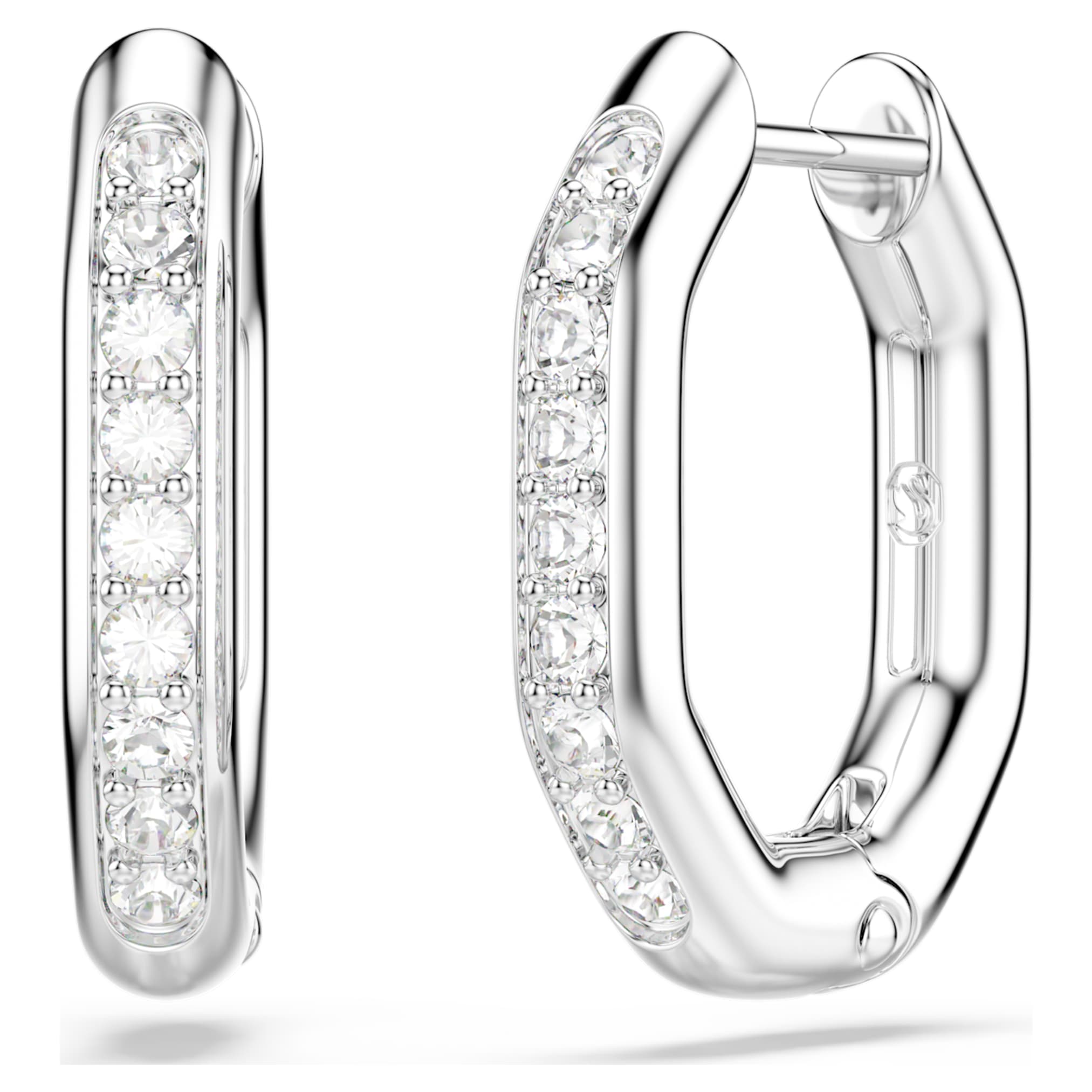 Swarovski Dextera hoop earrings Octagon shape, Round cut, Small, White, Rhodium plated