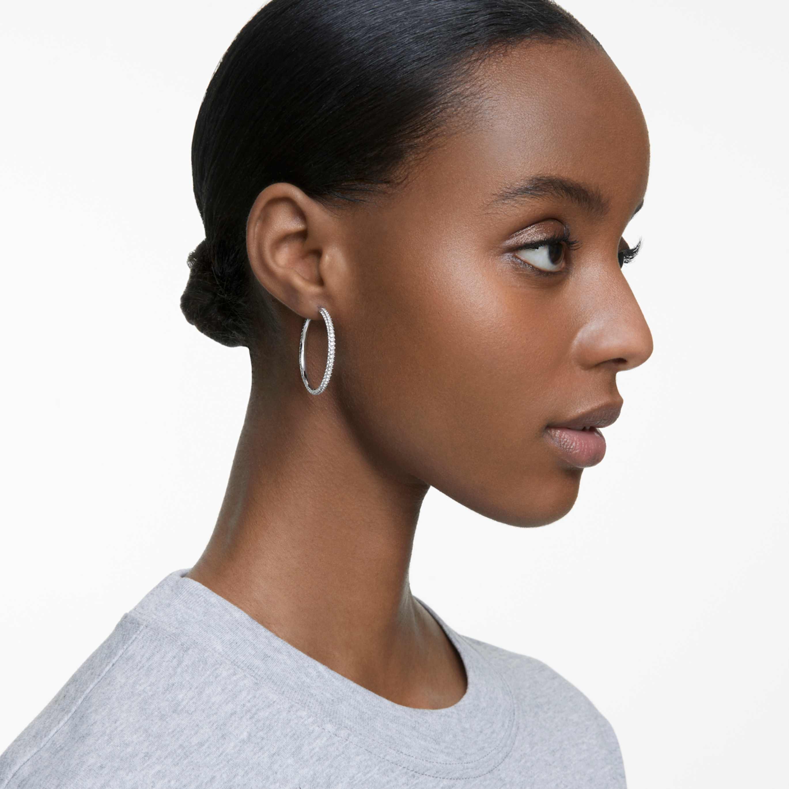 Swarovski Dextera hoop earrings Pavé, Large, White, Rhodium plated