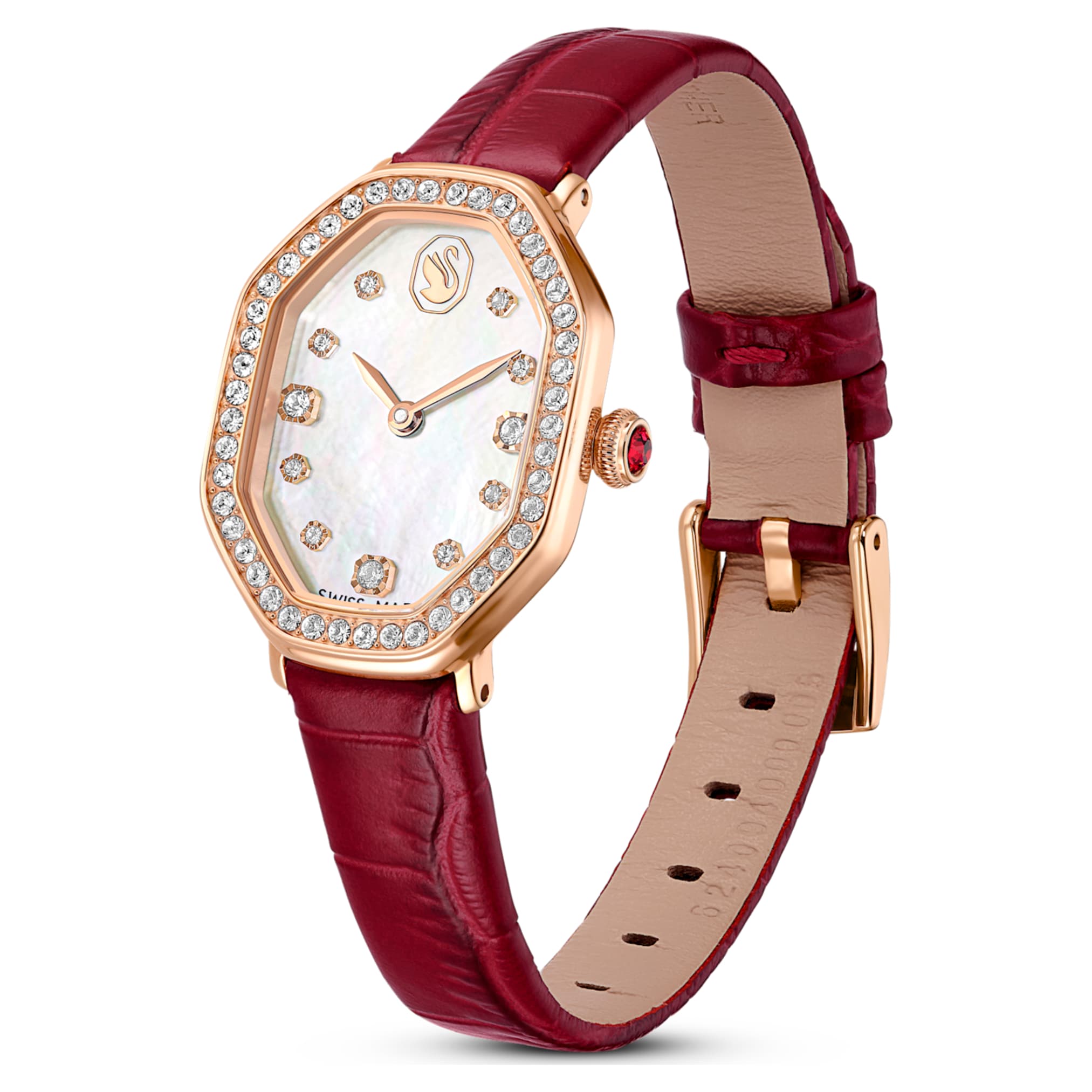 Swarovski Dextera octagon watch Swiss Made, Leather strap, Red, Rose gold-tone finish