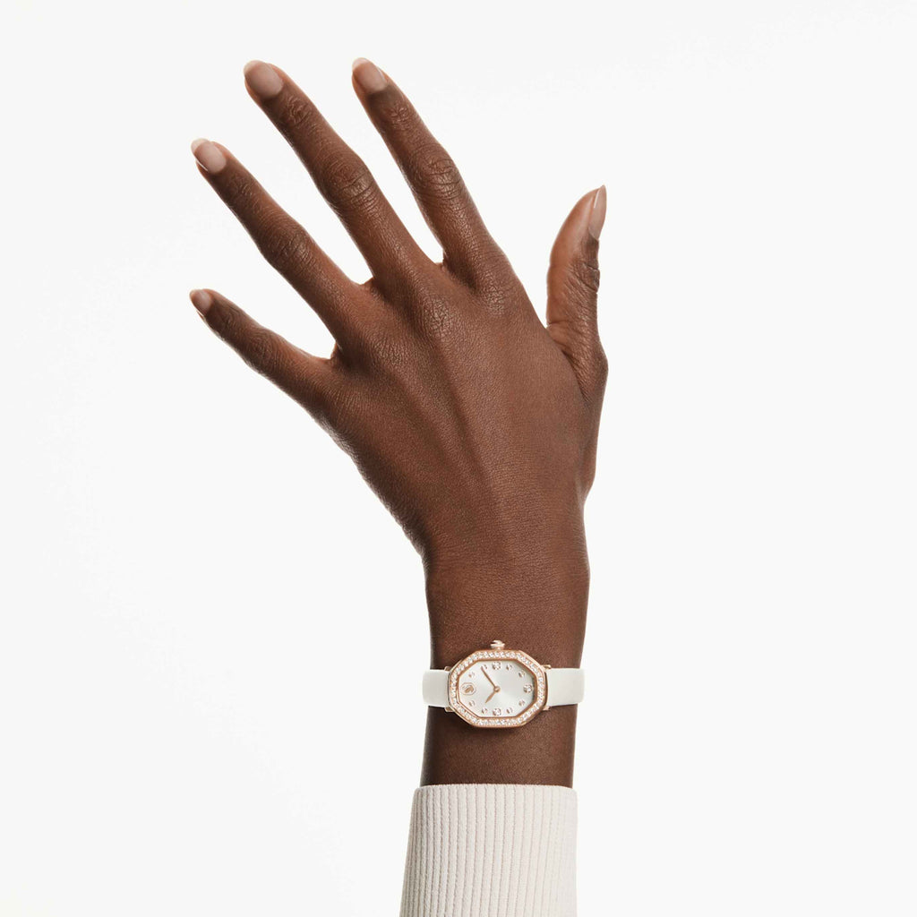 Swarovski Dextera octagon watch Swiss Made, Leather strap, White, Rose gold-tone finish
