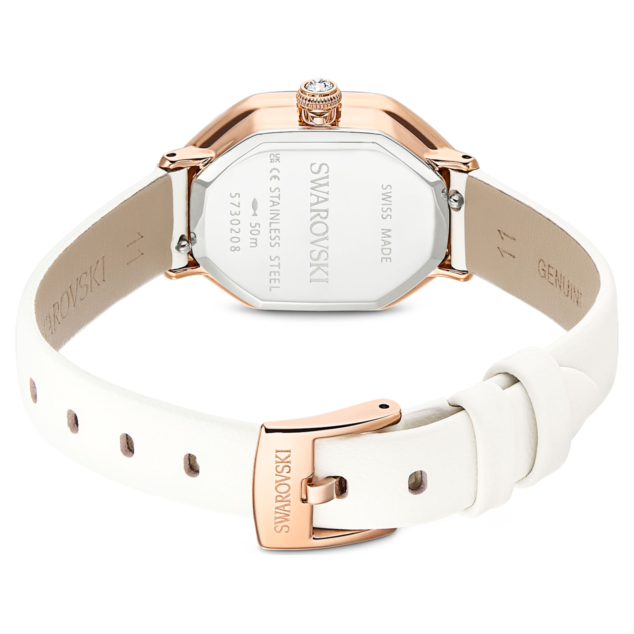 Swarovski Dextera octagon watch Swiss Made, Leather strap, White, Rose gold-tone finish