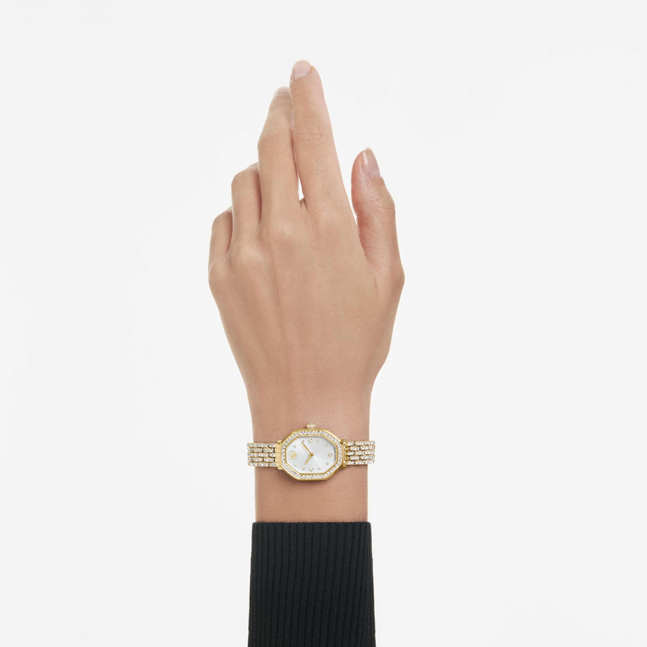 Swarovski Dextera octagon watch Swiss Made, Metal bracelet, Gold tone, Gold-tone finish