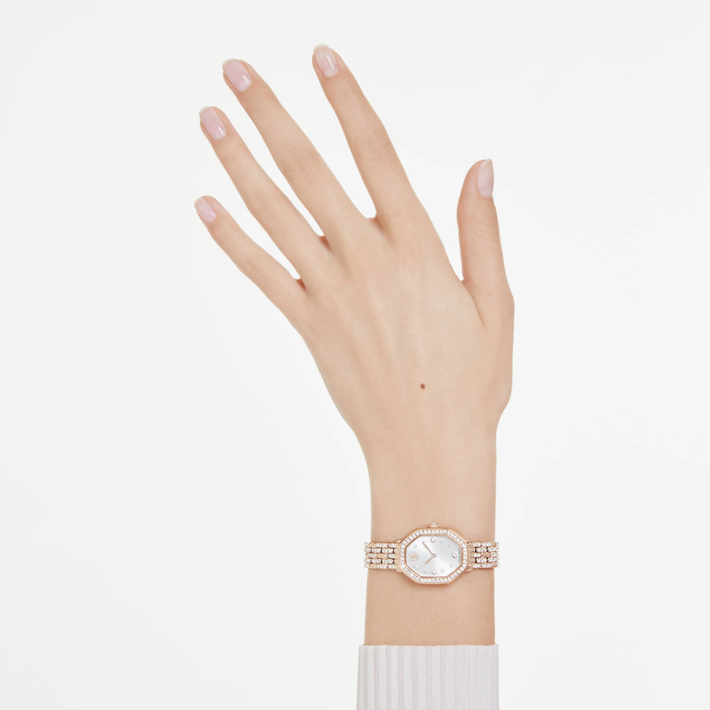 Swarovski Dextera octagon watch Swiss Made, Metal bracelet, Silver tone, Rose gold-tone finish