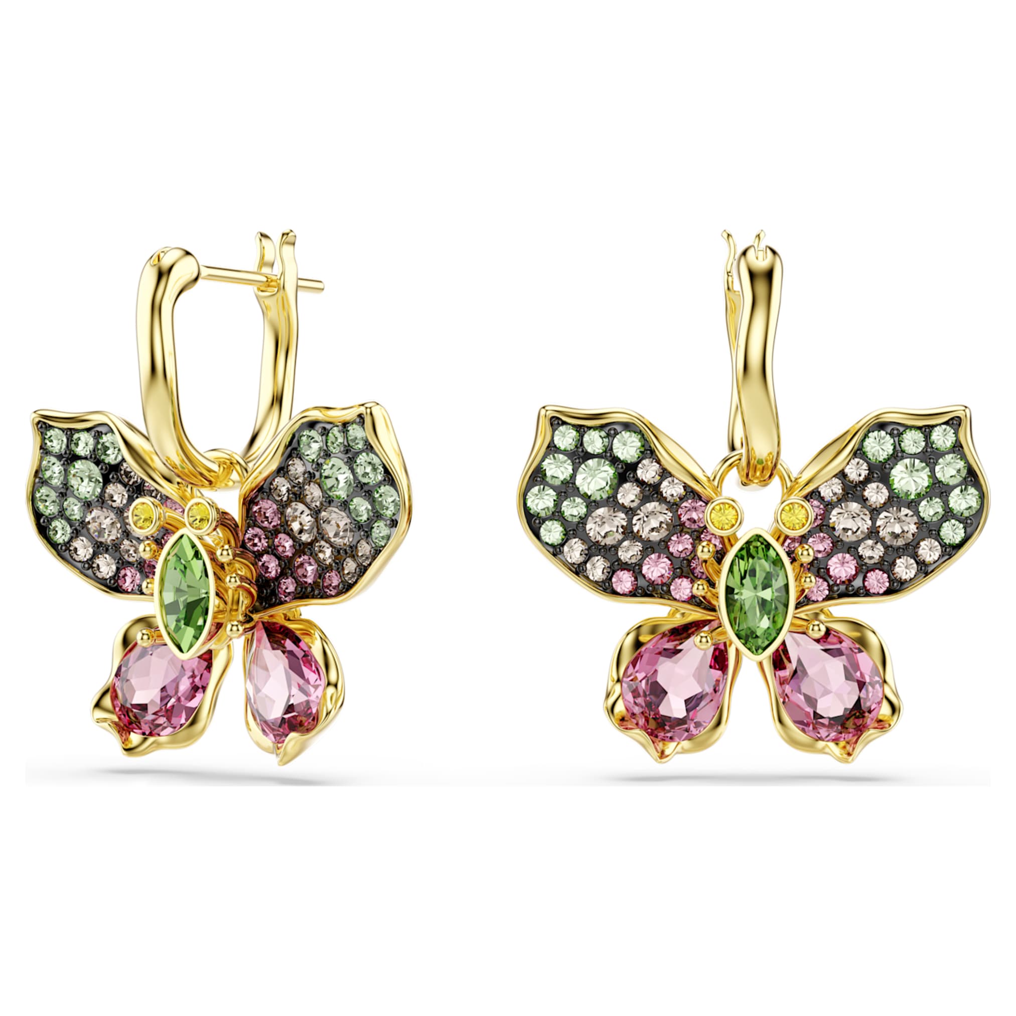 Swarovski Idyllia drop earrings Mixed cuts, Pavé, Butterfly, Multicolored, 18K gold finish