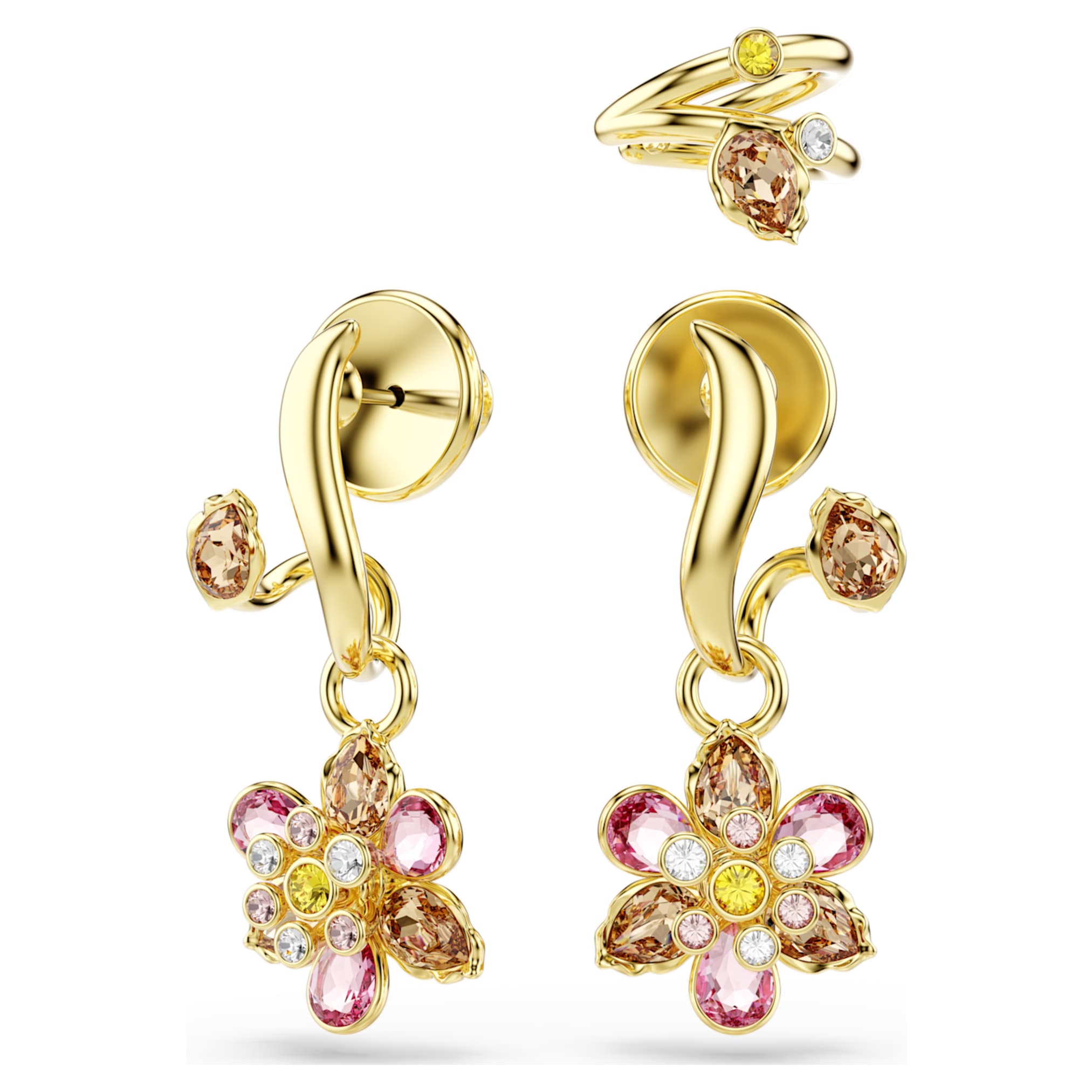 Swarovski Idyllia earrings Set (3), Mixed cuts, Flower, Multicolored, 18K gold finish