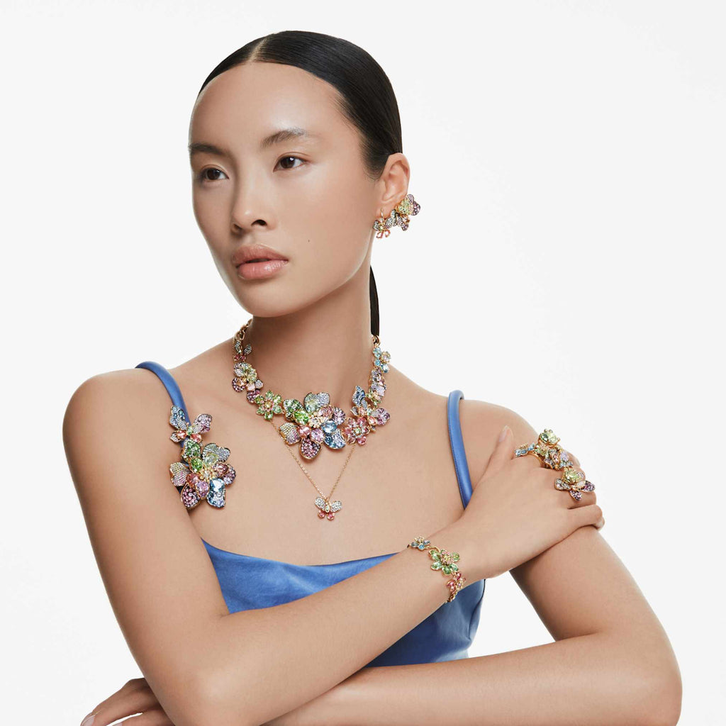 Swarovski Idyllia open ring Mixed cuts, Flower, Blue, 18K gold finish