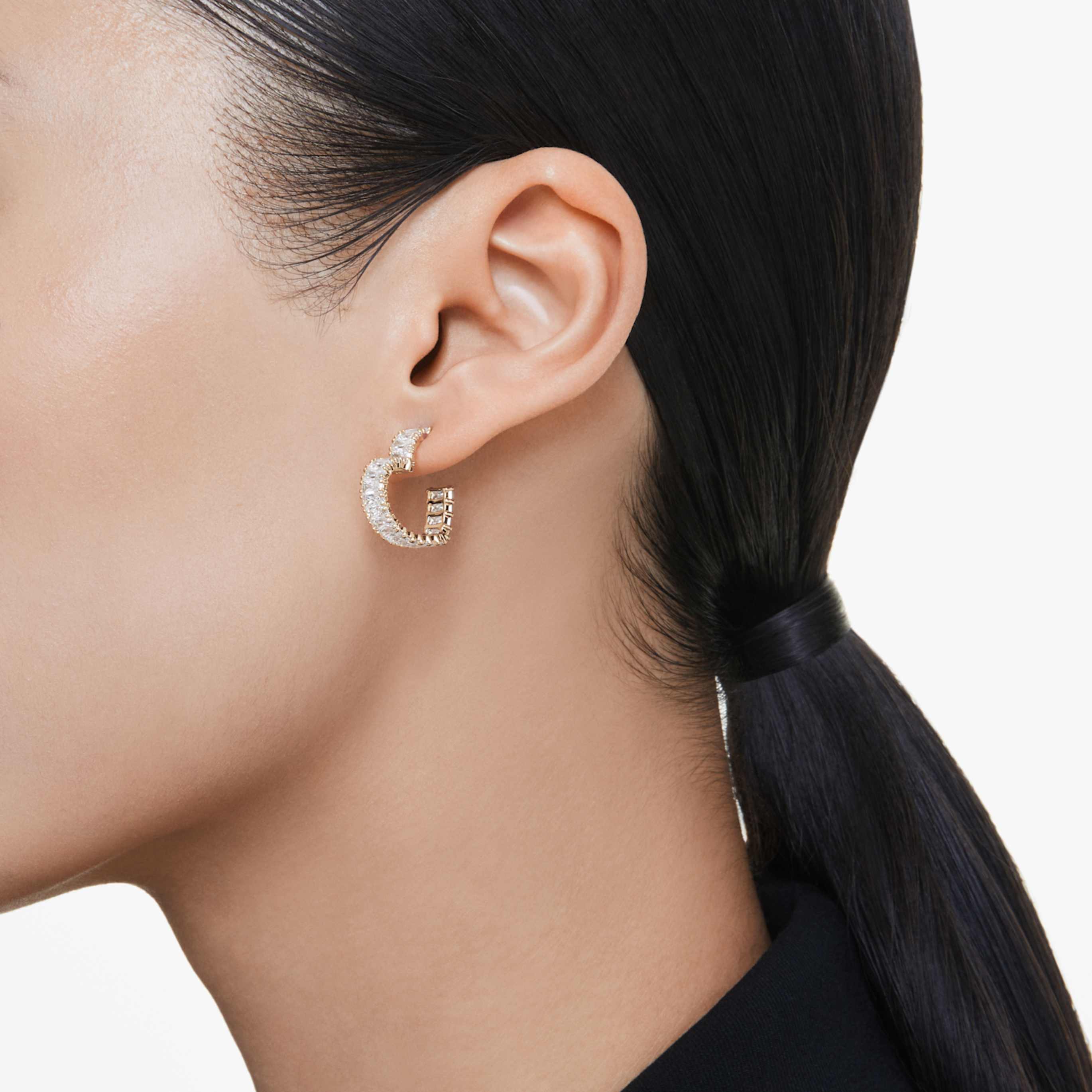Swarovski Matrix hoop earrings Baguette cut, Heart, Small, White, 18K gold finish