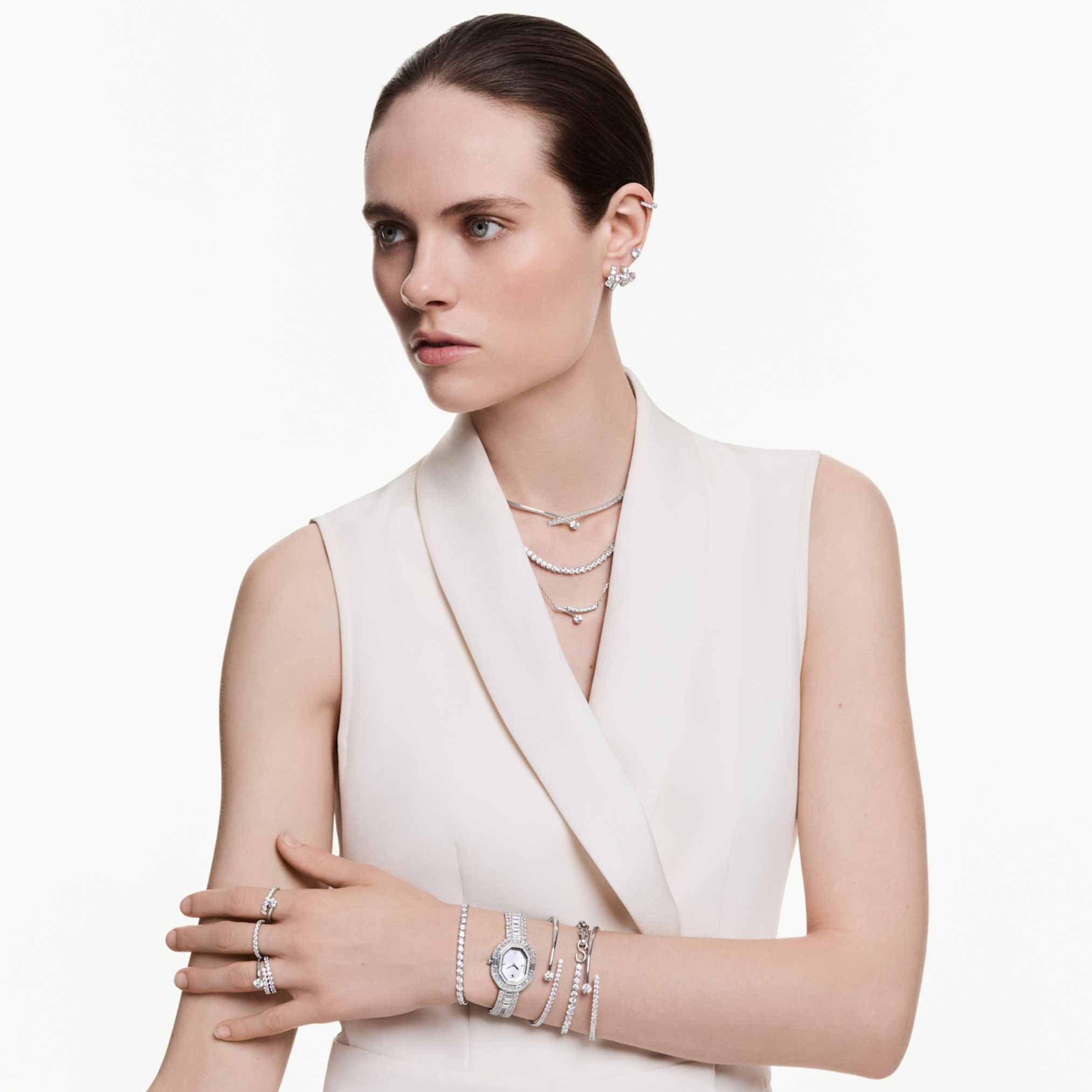 Swarovski Matrix Tennis bracelet Round cut, White, Rhodium plated