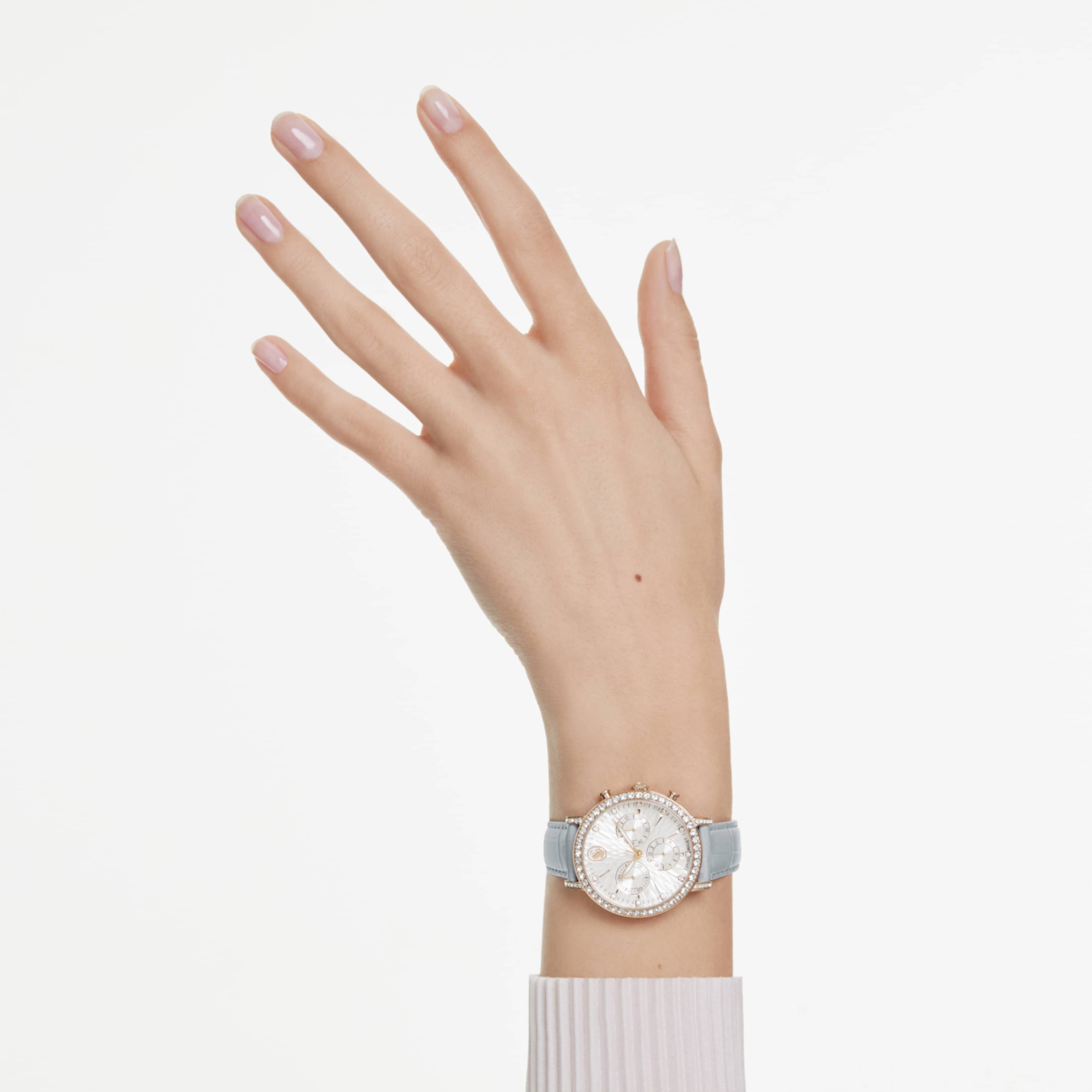 Swarovski Matrix tennis chrono watch Swiss Made, Leather strap, Beige, Rose gold-tone finish