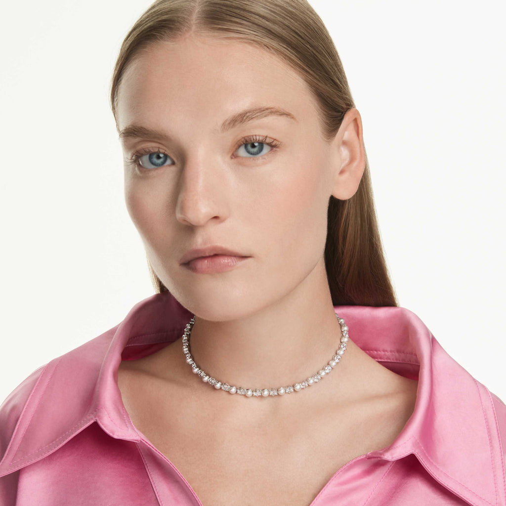 Swarovski Matrix Tennis necklace Crystal pearl, Round cut, White, Rhodium plated