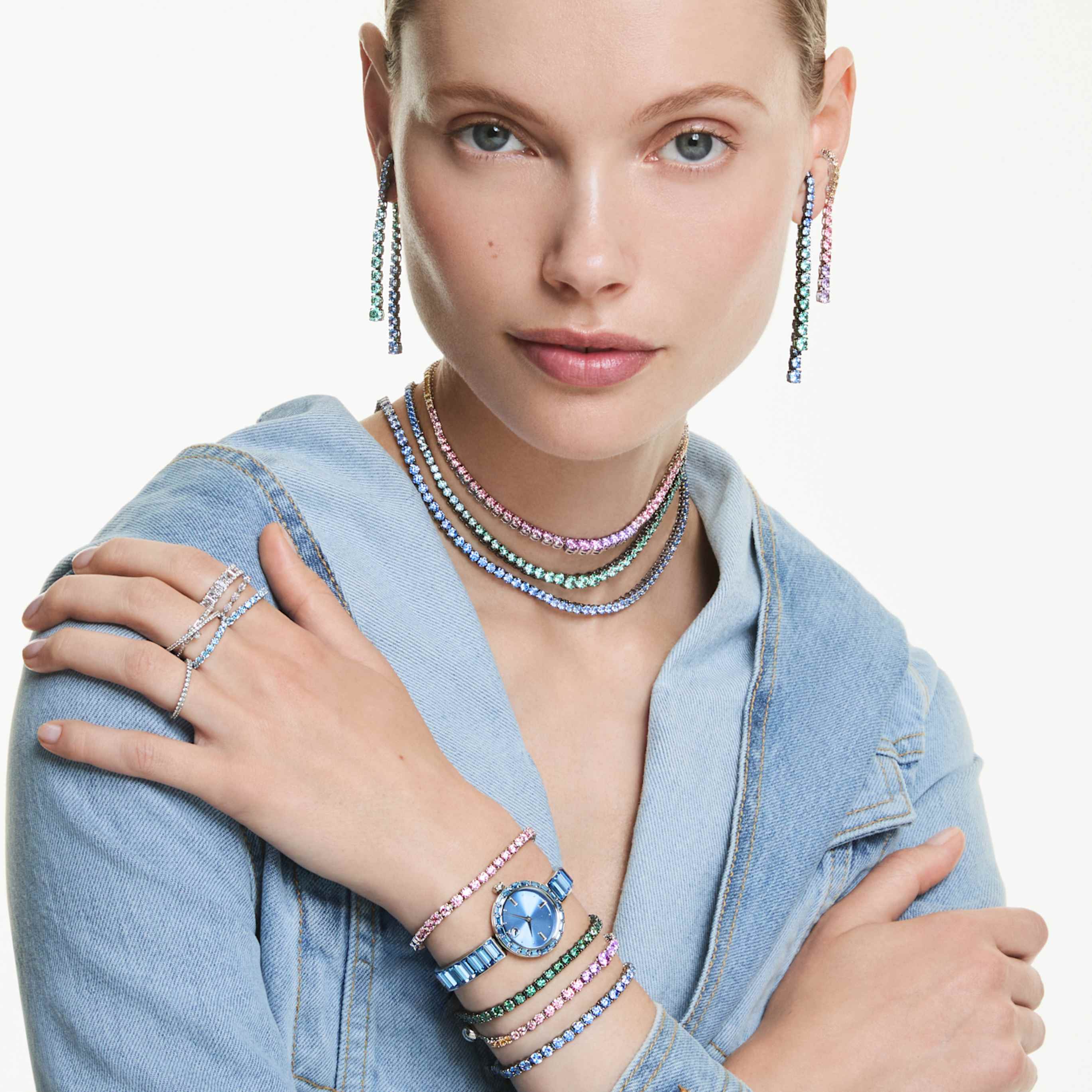 Swarovski Matrix Tennis necklace Round cut, Pink, 18K gold finish