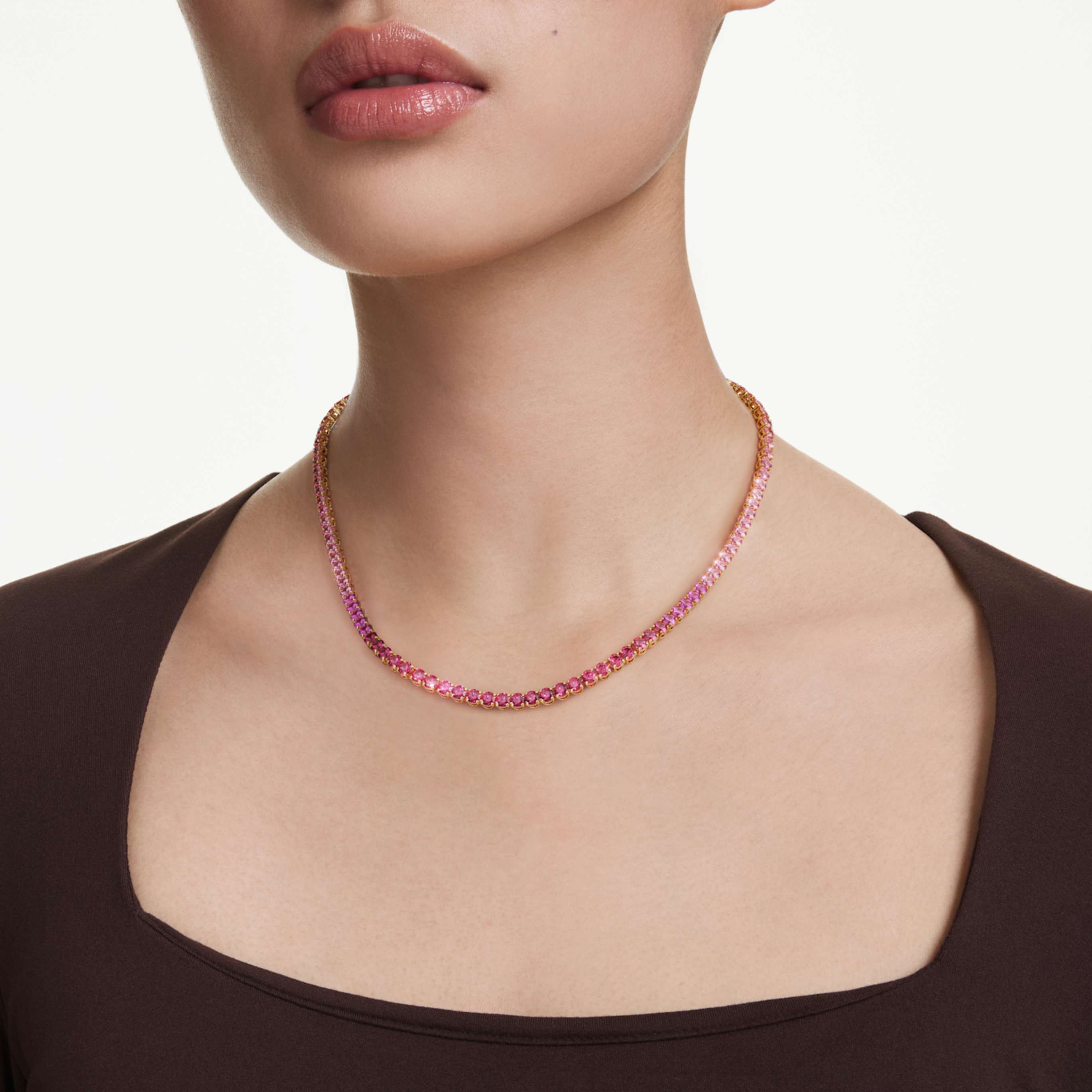 Swarovski Matrix Tennis necklace Round cut, Pink, 18K gold finish