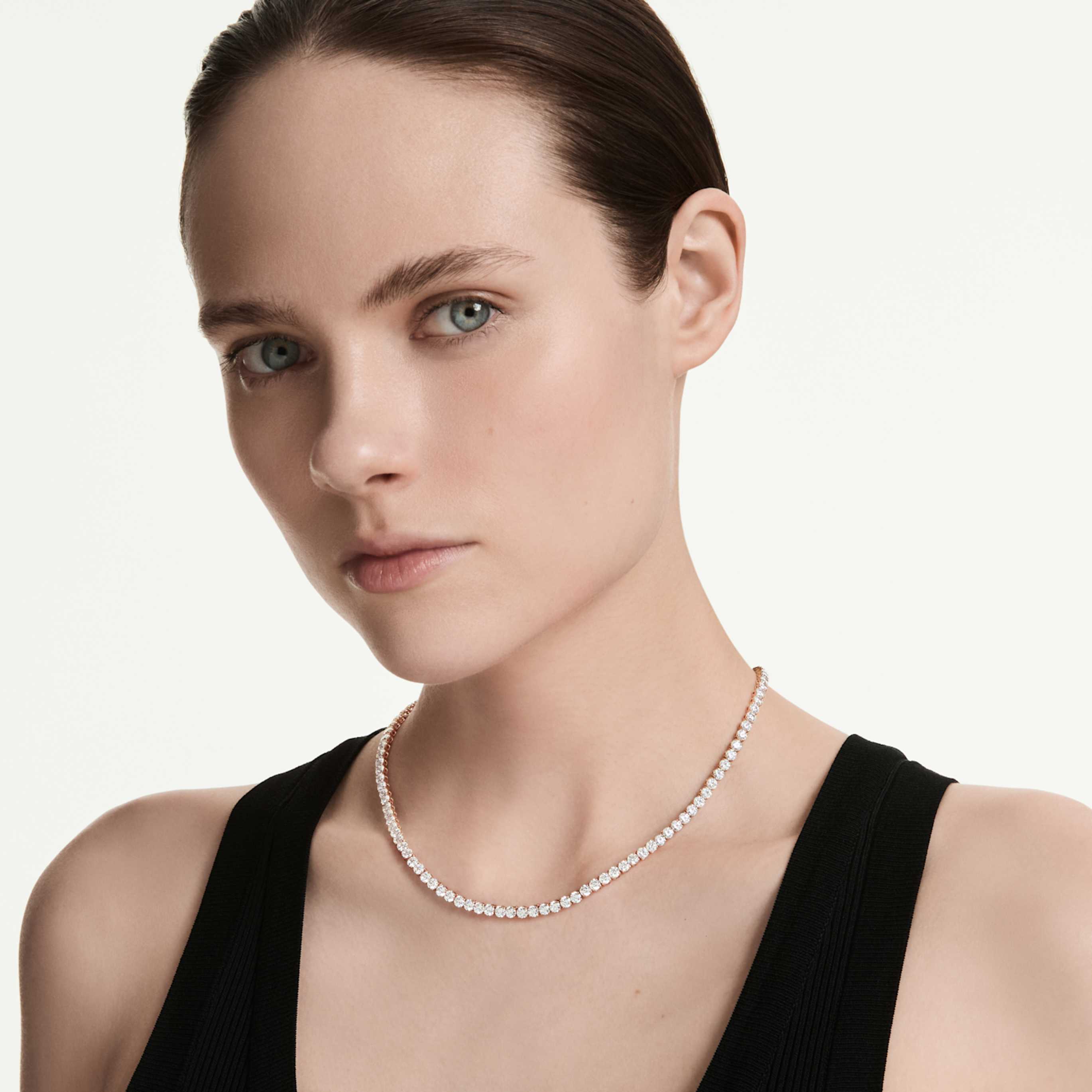 Swarovski Matrix Tennis necklace Round cut, Blue, Ruthenium plated