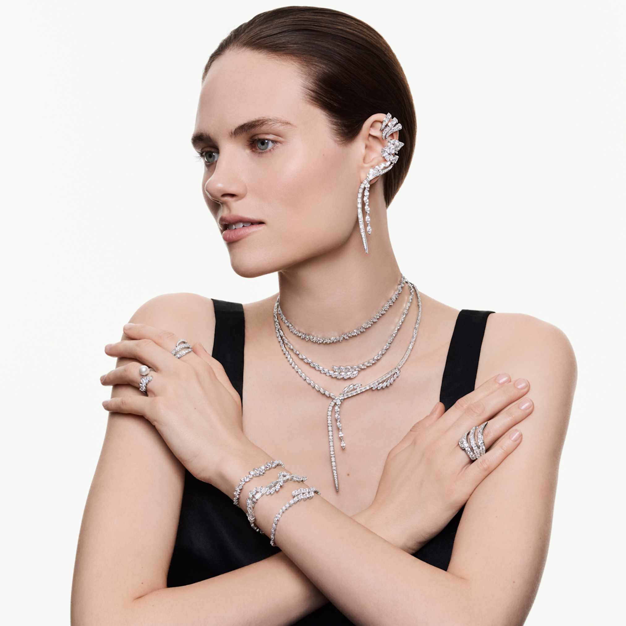 Swarovski Mesmera Y necklace Mixed cuts, White, Rhodium plated