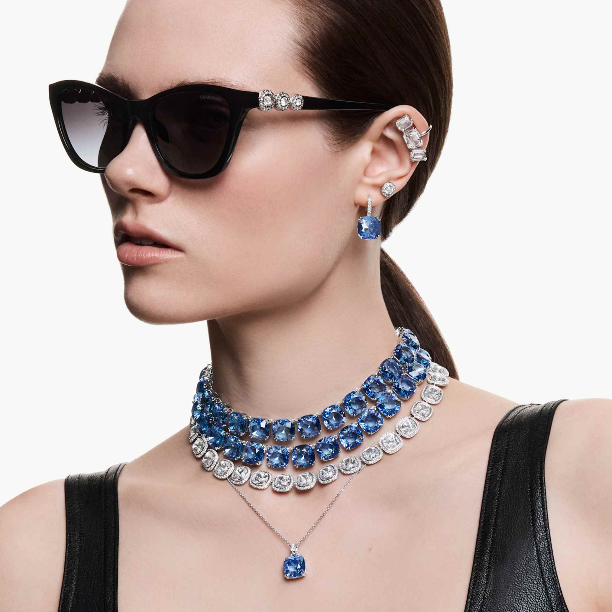 Swarovski Millenia drop earrings Cushion cut, Blue, Rhodium plated