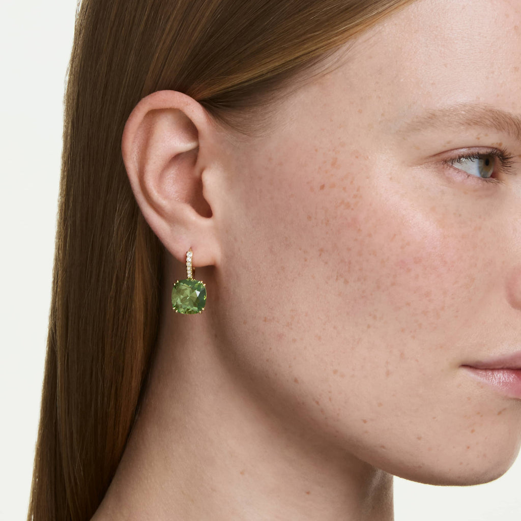Swarovski Millenia drop earrings Cushion cut, Green, 18K gold finish
