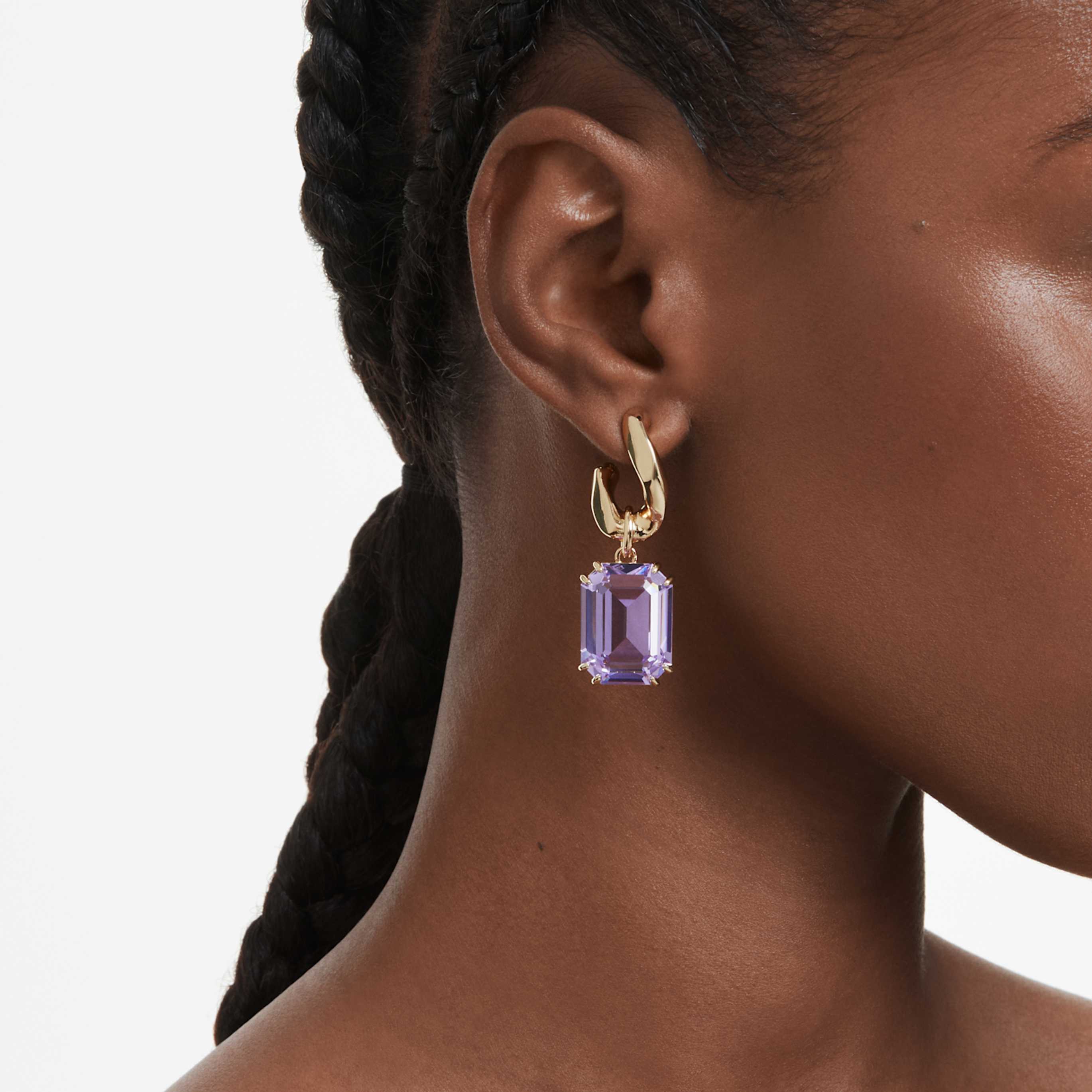Swarovski Millenia drop earrings Octagon cut, Purple, 18K gold finish