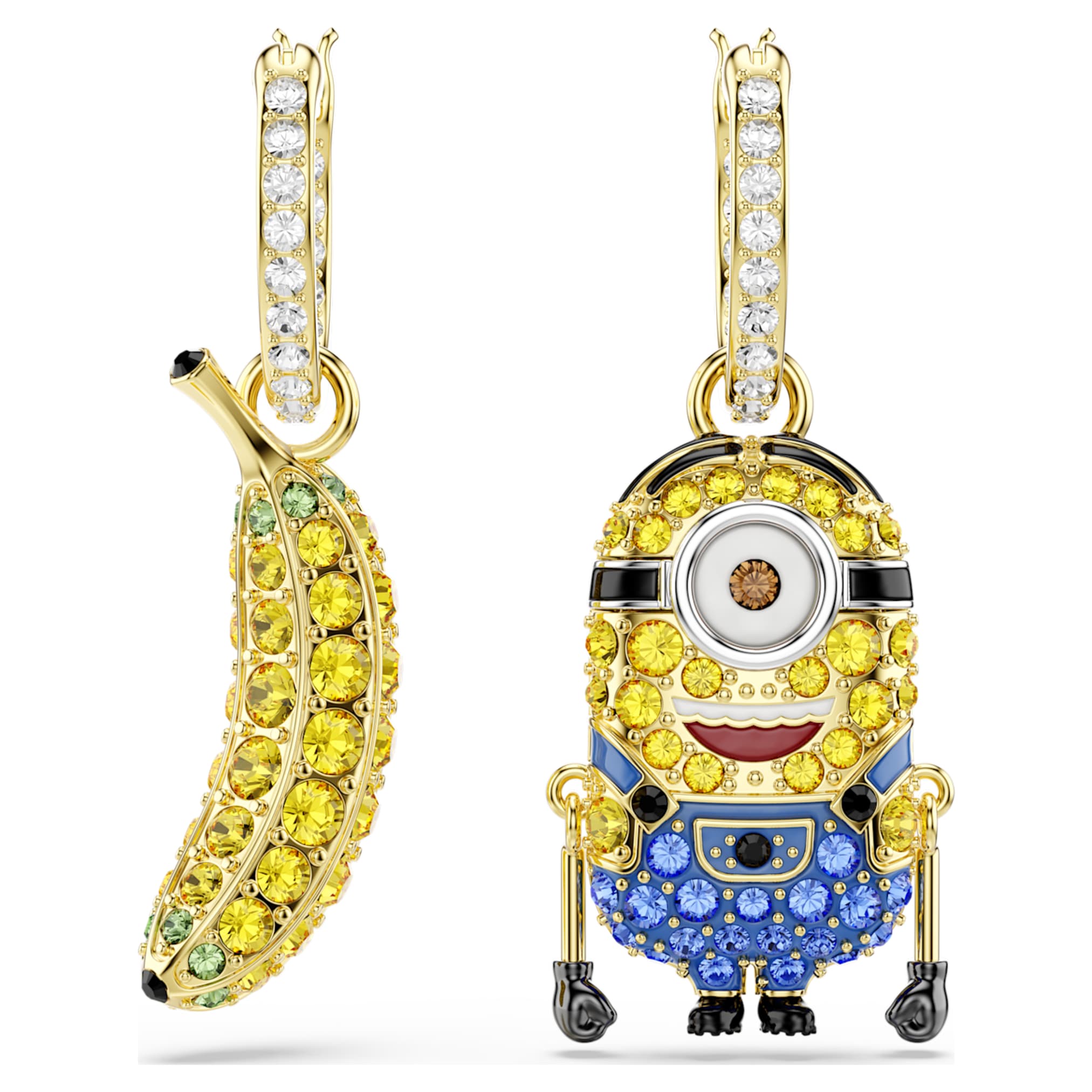 Swarovski Minions Stuart and Banana drop earrings Pavé, Mini, Multicolored, 18K gold finish