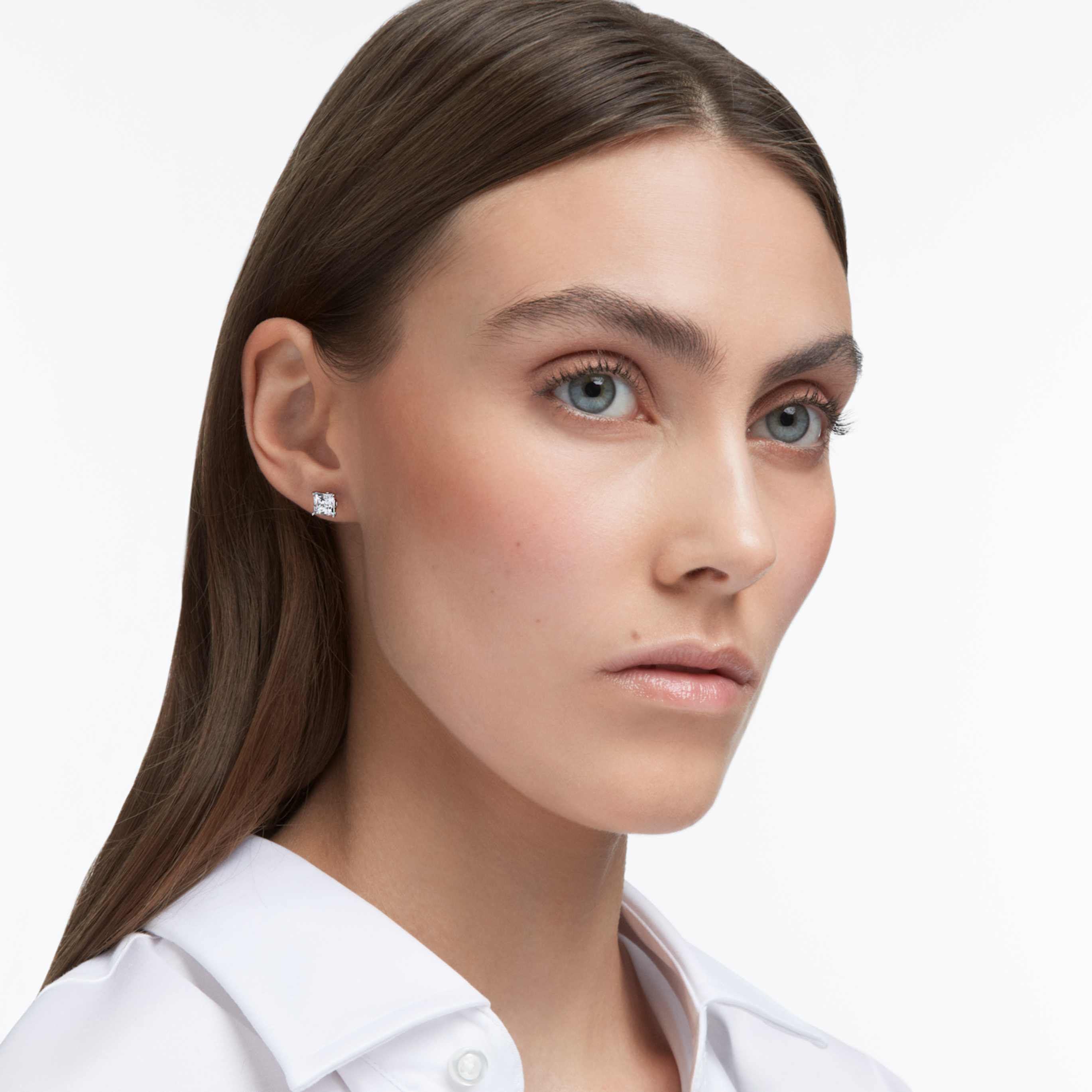 Swarovski Stilla stud earrings Square cut, Pink, 18K rose gold finish