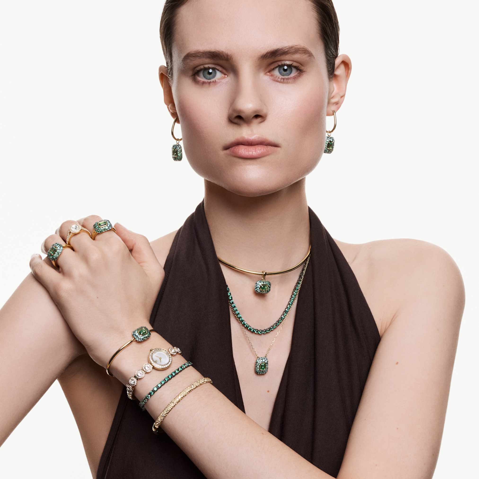 Swarovski Sublima choker Octagon cut, Green, 18K gold finish