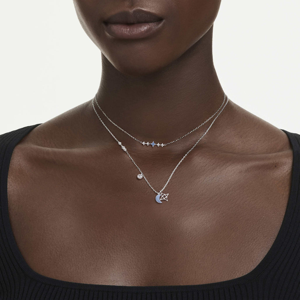 Swarovski Symbolica necklace Round cut, Moon, Blue, Rhodium plated
