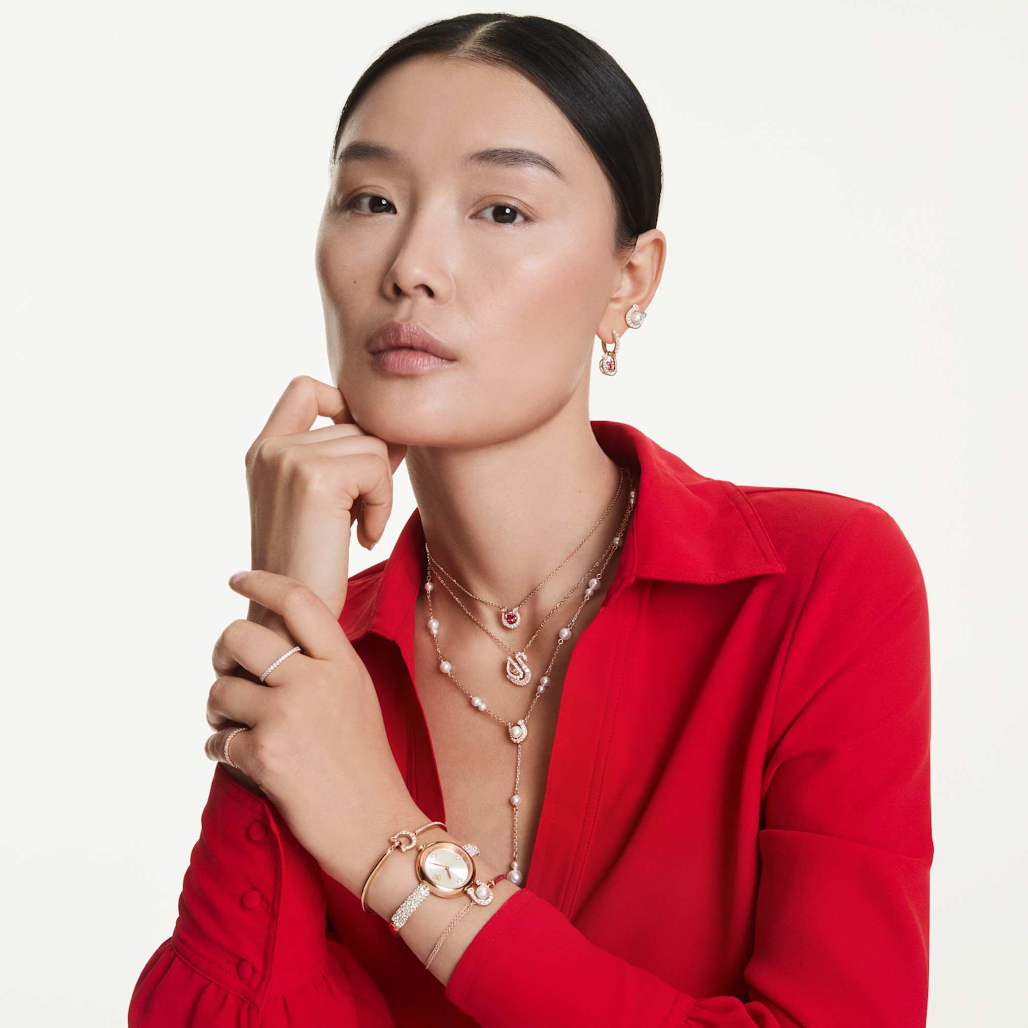 Swarovski Symbolica stud earrings Crystal pearl, Pavé, Horse shoe, White, 18K rose gold finish
