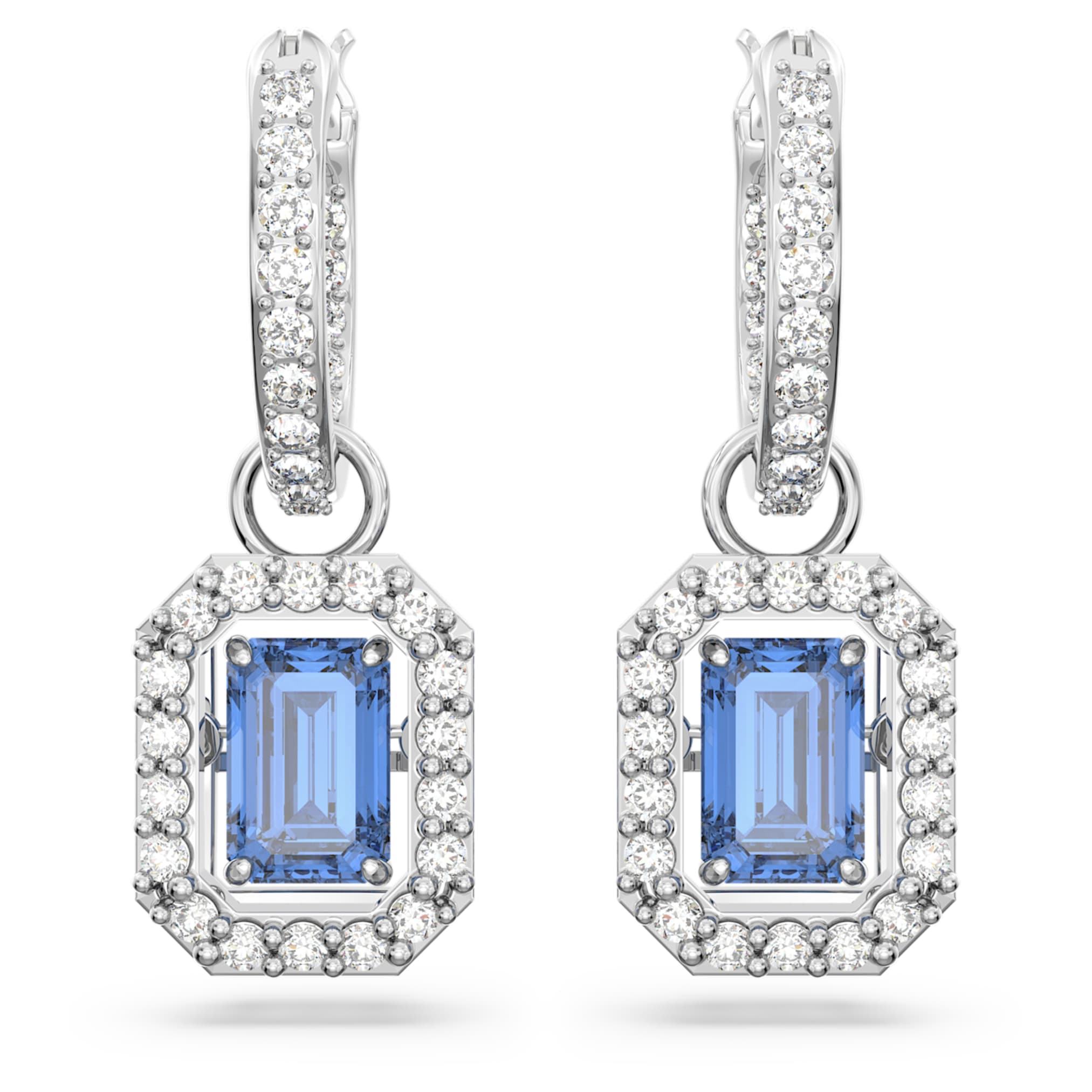 Swarovski Una drop earrings Octagon cut, Blue, Rhodium plated
