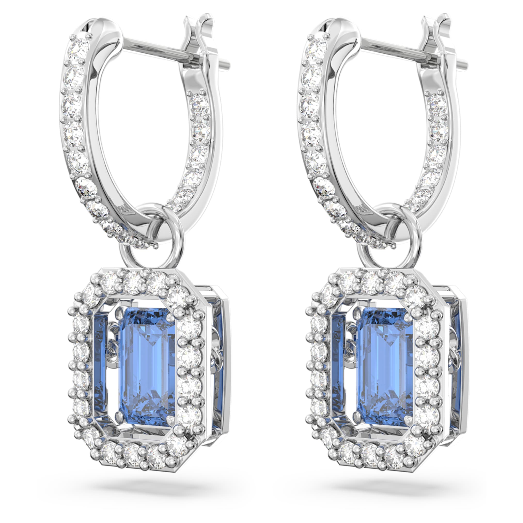 Swarovski Una drop earrings Octagon cut, Blue, Rhodium plated