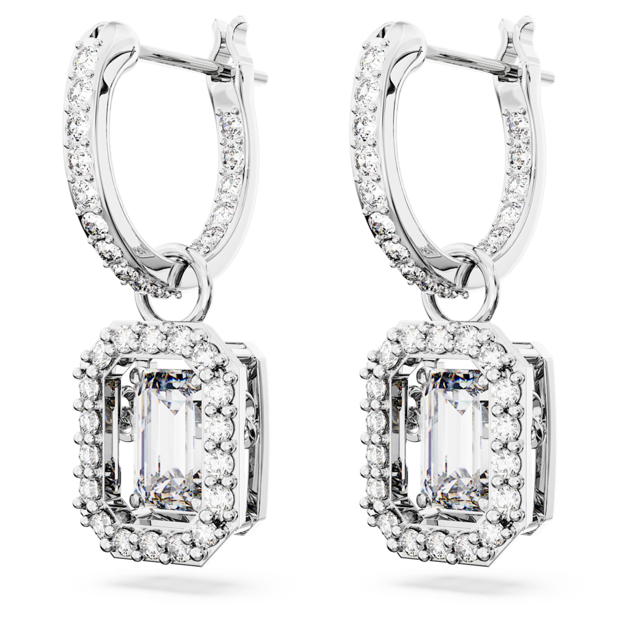 Swarovski Una drop earrings Octagon cut, White, Rhodium plated