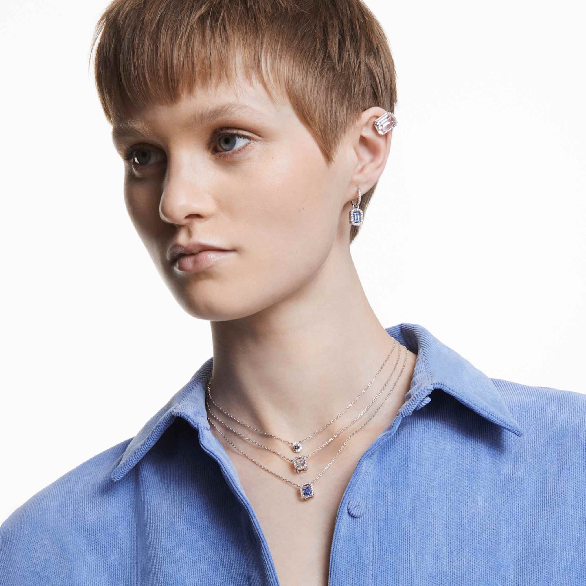 Swarovski Una necklace Octagon cut, Blue, Rhodium plated